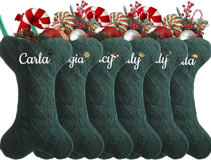 Personalized Christmas Stockings for Dogs,Custom Embroidered Name+Logo Xmas Knitted Bone Stockings,Holiday and Family Stocking for Fireplace Christmas Holiday Party Decoration 1-6Pack（Green）