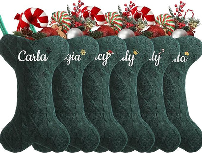 Personalized Christmas Stockings for Dogs,Custom Embroidered Name+Logo Xmas Knitted Bone Stockings,Holiday and Family Stocking for Fireplace Christmas Holiday Party Decoration 1-6Pack（Green）