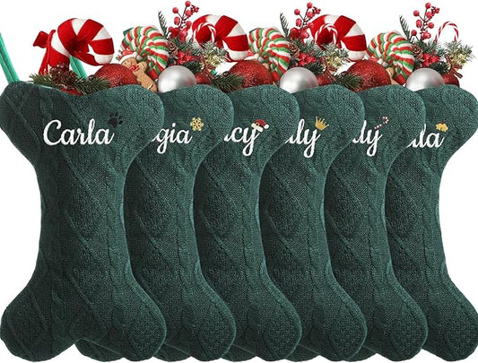 Personalized Christmas Stockings for Dogs,Custom Embroidered Name+Logo Xmas Knitted Bone Stockings,Holiday and Family Stocking for Fireplace Christmas Holiday Party Decoration 1-6Pack（Green）