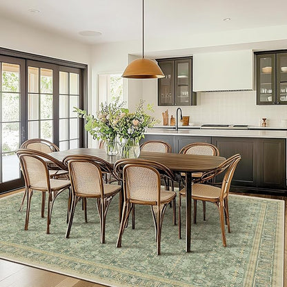 Sage Green 9x12 Rugs for Living Room, Large Area Rug Washable Non Slip Low Pile Ultra Thin, Boho Floral Moroccan Pattern Printed Carpet Rug for Bedroom Dining Room