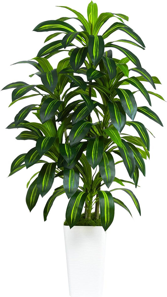 Artificial Dracaena Plant Indoor Fake Tree, Tall Fake Floor Plants with White Planter, Artificial Yucca Tree for Home Office Living Room Bedroom Farmhouse Modern Outdoor Topiary Tree (6 Trunks 5FT)