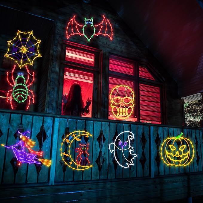 16" Halloween Window Silhouette Lights Decorations - 4 Pack Colour Lighted Spider Web ＆ Pumpkin ＆ Ghost ＆ Spider for Holiday Indoor and Outdoor Wall Door Window Decorate