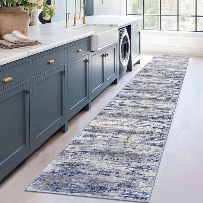 KOZYFLY Modern Abstract Kitchen Runner Rug, 2x12 Washable Rug Runner Non-Slip Soft Striped Hallway Runner Rugs, Grey Blue Print Carpet Runner for Entryway Bathroom Laundry Room Foyer