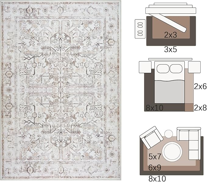 jinchan 6x9 Area Rug for Living Room Washable Soft Throw Rug Ultra-Thin Stain Resistant Non-Slip Distressed Vintage Floral Large Carpet for Bedroom,Dining Room,Home Office,Nursery (6x9ft,Taupe)