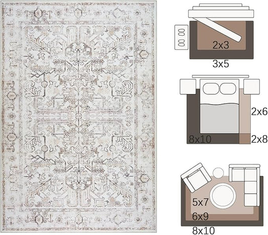 jinchan 8x10 Area Rug for Living Room Washable Soft Throw Rug Ultra-Thin Stain Resistant Non-Slip Distressed Vintage Floral Large Carpet for Bedroom,Dining Room,Home Office,Nursery (8x10ft,Taupe)
