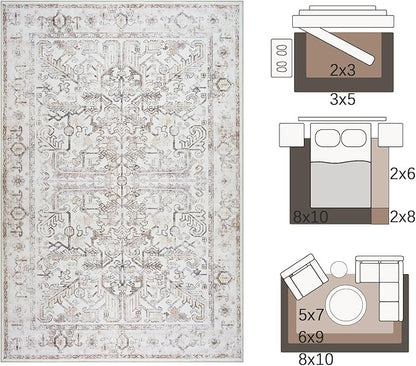 jinchan Washable Area Rug 3x5 Entryway Rug - Distressed Vintage Floral Ultra-Thin Low-Pile Soft Non-Shedding Indoor Floor Carpet for Kitchen Bedroom Entrance Laundry Living Room (3x5ft,Taupe)