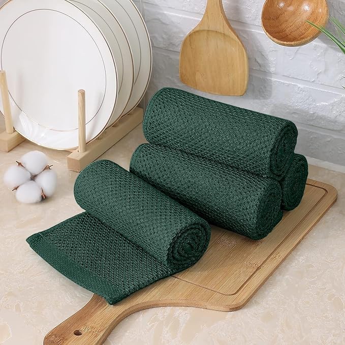 Kitinjoy 100% Cotton Kitchen Towels and Dishcloths Set, 8 Pack Waffle Weave Dish Towels Ultra Soft Absorbent Quick Drying Dish Rags, 13 x 28 Inch and 12 X 12 Inch, Blackish Green