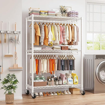 Raybee Heavy Duty Clothes Rack, 81" H Clothing Racks for Hanging Clothes, Clothing Rack with Wheels and Adjustable Feet, Max Load 440LBS, White