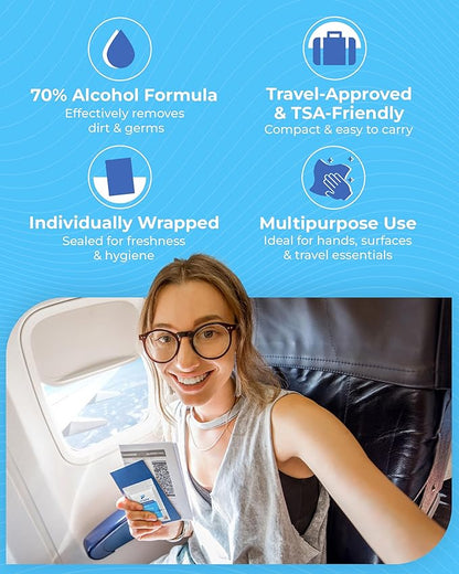 40 Count Sanitizing Wipes, 70% Alcohol, Individually Wrapped, Wet Wipes, Travel Size, Airplane Essentials