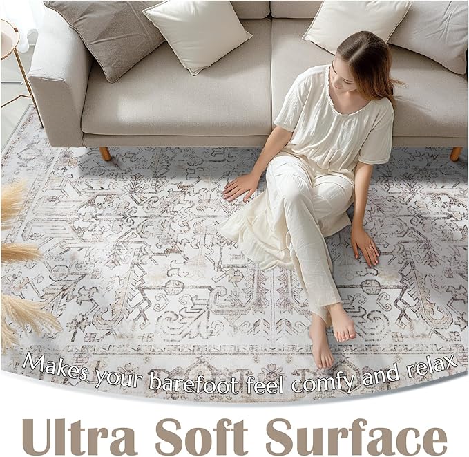 jinchan 6x9 Area Rug for Living Room Washable Soft Throw Rug Ultra-Thin Stain Resistant Non-Slip Distressed Vintage Floral Large Carpet for Bedroom,Dining Room,Home Office,Nursery (6x9ft,Taupe)