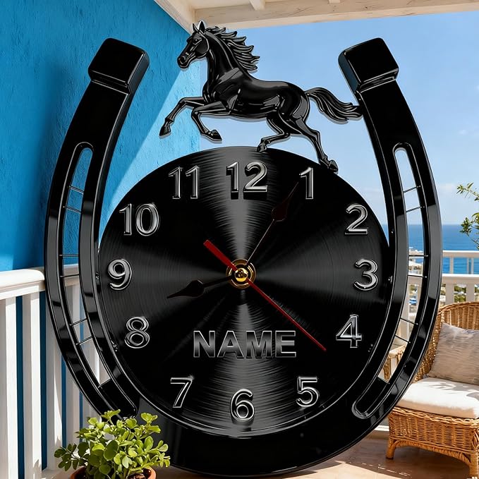 Personalized Horseshoe Name Wall Clock for Horse Lovers 2D Acrylic Printing Custom Name Clock Decorative Wall Clocks Suitable for Reception Rooms Conference Rooms Offices (Black Horseshoe)