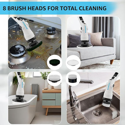 Electric Spin Scrubber – Cordless Power Cleaner with 8 Brush Heads, Long Adjustable Handle, 3 Speed for Deep Bathroom, Tile, Floor & Tub Cleaning, 6-Angle Adjustable