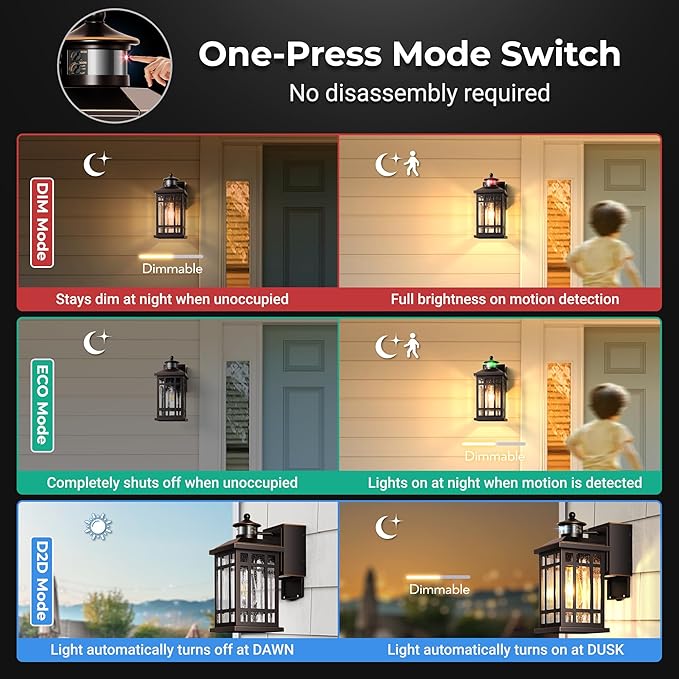 Oil-Rubbed Bronze Outdoor Motion Sensor Light with GFCI Outlet, 2-Pack Porch Lights Outdoor with Gold Trim, Dusk to Dawn lighting Wall Mount with Bubble Glass, Outside Sconces for Garage, Patio