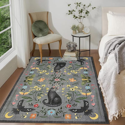 GarveeHome 4x6 Cat Washable Area Rug for Nursery Room, Mushroom Floral Grey Bedroom Rug Non Slip Low Pile Butterfly Carpet Stain Resistant Throw Rug for Dorm Kids Room Office Dining Room