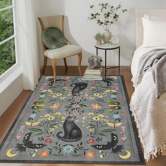 GarveeHome 4x6 Cat Washable Area Rug for Nursery Room, Mushroom Floral Grey Bedroom Rug Non Slip Low Pile Butterfly Carpet Stain Resistant Throw Rug for Dorm Kids Room Office Dining Room