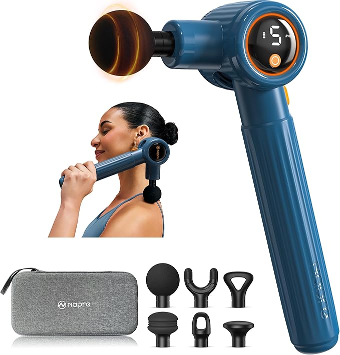 NAPRE Massage Gun with Extension Handle and 3 Adjustable Angles,Deep Tissue Back Massage for Neck/Shoulders/Waist/Legs/Body Pain Relief,Handheld Percussion Muscle Massager with Portable Case,Blue