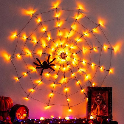 Vanthylit Halloween Decorations, Spider Web Lights Motion-Activated Sensor, 4FT 84LED Light Up Spider Web with Black Spider, Halloween Lights for Window Indoor Outdoor Horror Decor(Orange & Purple)