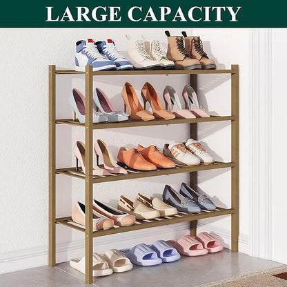 Smiry Bamboo Shoe Rack for Closet, 4 Tier Wooden Stackable Shoe Organizer, Free Standing Shoes Storage Shelf for Entryway, Front Door Entrance, Walnut