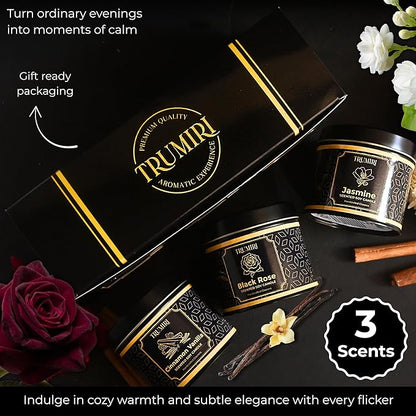 Candle Gift Set of 3 Cinnamon Vanilla|Jasmine|Black Rose Strong Scented Soy Candels Natural Non Toxic Velas Aromáticas Favors for Women Coworkers Friends Guests Also for Diwali Christmas Holidays