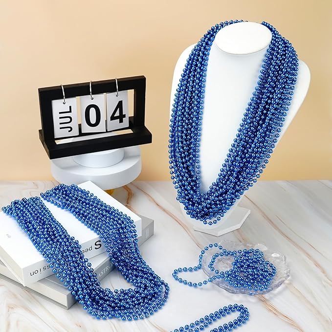 YAXINRUI 144 PCS Blue Bead Necklaces, Blue Christmas Mardi Gras Beads, Patriotic Necklace, 33 Inch Round Beaded Necklaces for Mardi Gras Christmas 4th of July Festive Events