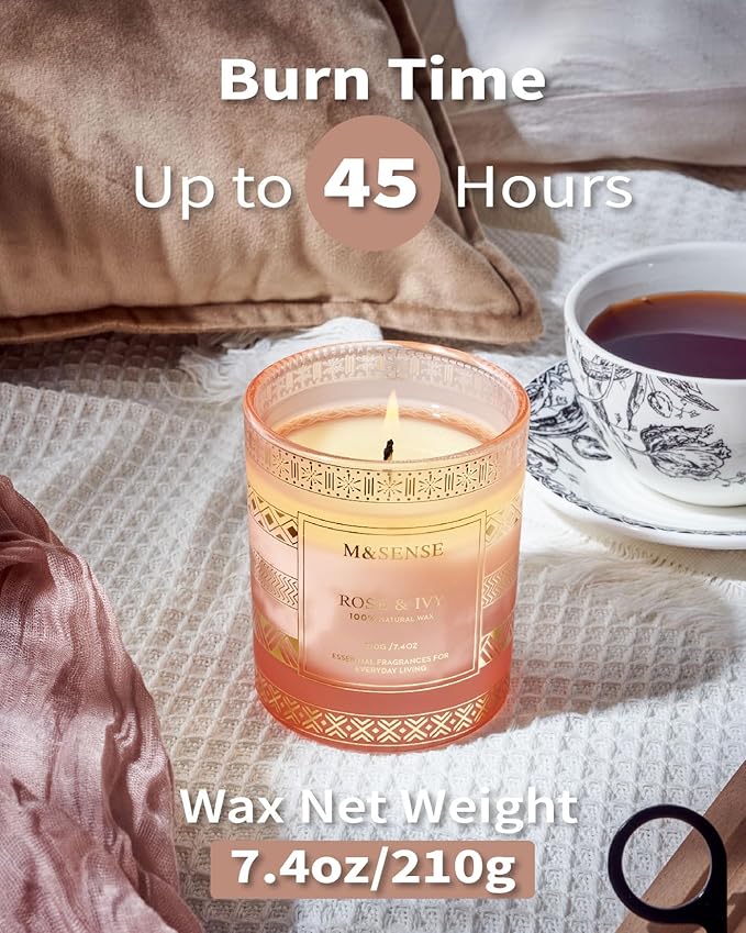 M&SENSE Rose Ivy Soy Candle, Natural 7.4oz 45 Hours Slow Burning, Luxury Aromatherapy Candle for Stress Relief Home Decor, Winter Housewarming New Year Gifts for Her
