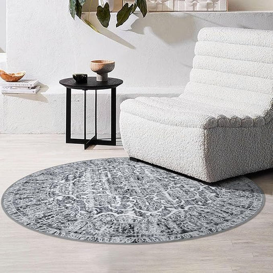 KUTA Vintage Round Rug 3ft, Washable Boho Indoor Small Area Circle Rugs, Grey Blue White Non-Slip Printed Medallion Carpet for Entryway Kitchen Dining Room Table Living Room