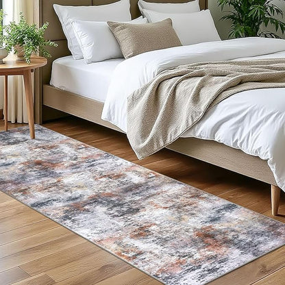 Modern Abstract Runner Rug for Bedroom 2x7, Grey Orange Multi Washable Kitchen Runner, Non-Slip Soft Thin Faux Wool Mat for Entryway, Hallway, Laundry Room Indoor