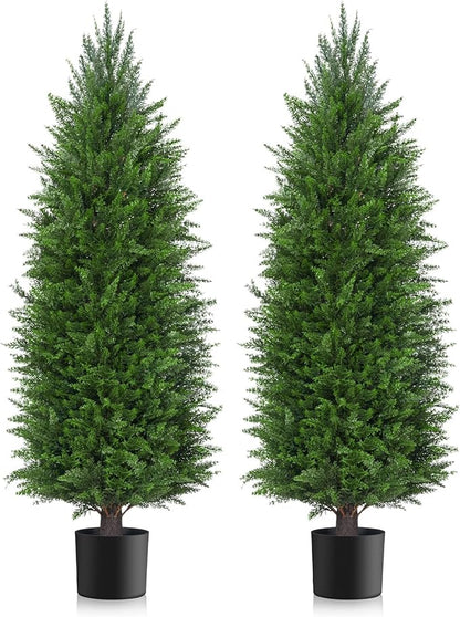 5FT Artificial Topiary Cedar Plants Outdoor, Faux Pine Trees UV Resistant and Potted, 72 Inch Tall Fake Shrubs Evergreen for Front Porch Decor Set of 2
