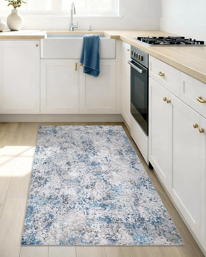 AUKOW Modern Abstract Washable Area Rugs - 3x5 Contemporary Soft Mat Stain Resistant Non Slip Low Pile Indoor Throw Rug for Bedroom Kitchen Office Chair Desk - Grey/Blue