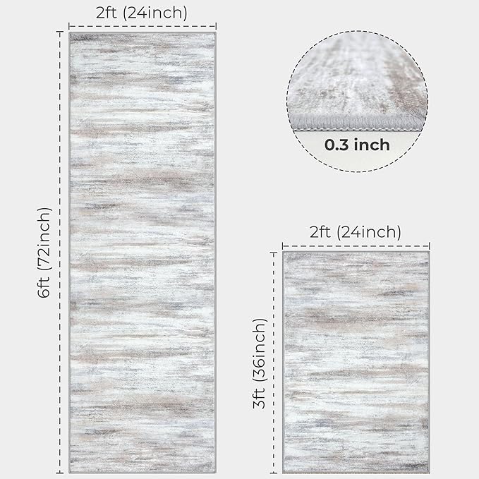 KOZYFLY Modern Abstract 2PCS 2x3 and 2x6 Rugs Beige Machine Washable Area Rug for Bedroom Non-Slip Living Room Rug, Faux Wool Soft Low Pile Office Carpet for Dining Room, Bedroom, Kitchen Bathroom