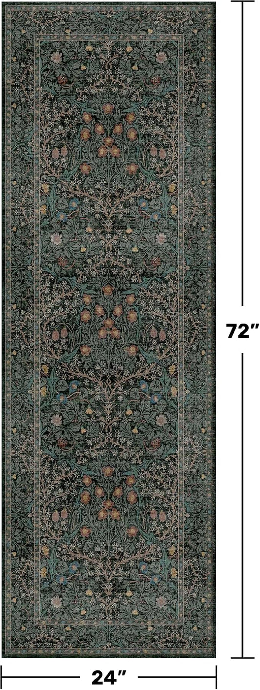 8ft Long Runners for Hallways Non Slip, 2'6" x 8' Floor Runner for Kitchen, Entryway Indoor, Washable Rubber Backing Stain Resistant - Vintage Floral Dark Green & Black Wide Décor
