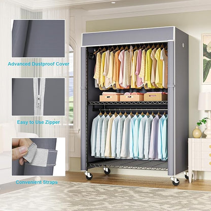 Black Clothing Rack with Grey Cover, P1C Plus Rolling Closets with Wheels, Metal Garment Rack for Hanging Clothes, Clothing Storage Wardrobe, 46" W x 18.5" D x 80.7" H, Load 524 Pounds