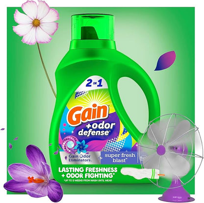 Gain + Odor Defense Liquid Laundry Detergent, Super Fresh Blast Scent, 107 Loads, HE Compatible