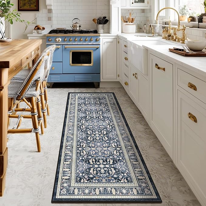 Dark Blue 2x6 Runner Rug for Hallways, Boho Floral Moroccan Trellis Printed Kitchen Bathroom Runner 6ft, Non Slip Washable Low Pile Thin Carpet Runner for Mudroom/Laundry Room/Bedroom Bedside