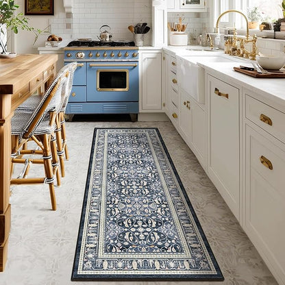 Dark Blue 2x6 Runner Rug for Hallways, Boho Floral Moroccan Trellis Printed Kitchen Bathroom Runner 6ft, Non Slip Washable Low Pile Thin Carpet Runner for Mudroom/Laundry Room/Bedroom Bedside