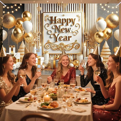 Nuxovilar Happy New Year Banner, Vintage Frame Golden Balloons Backdrop for Party Decorations, 71x43 Inch