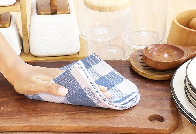Waffle Weave Plaid Dish Cloths, 100% Cotton - 12 x 12 Inches, Ultra Soft Absorbent Quick Drying Dish Towels Buffalo Check Dish Rags for Kitchen, 6 Pack - Spring Summer - Smoky Grey and White