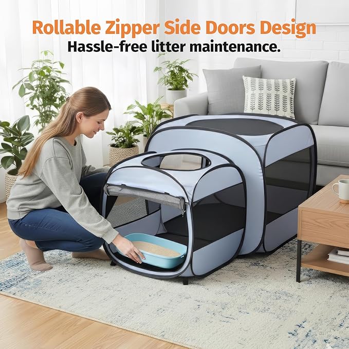 EighteenTek 2-in-1 Portable Cat Playpen, Detachable into 2 Separate Cages with Additional 2 Doors, Pop up Pet Play Pen Cat Tent House, Foldable Puppy Enclosure Kitten Crates Indoors Outdoor(Grey)