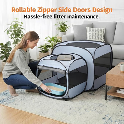 EighteenTek 2-in-1 Portable Cat Playpen, Detachable into 2 Separate Cages with Additional 2 Doors, Pop up Pet Play Pen Cat Tent House, Foldable Puppy Enclosure Kitten Crates Indoors Outdoor(Grey)