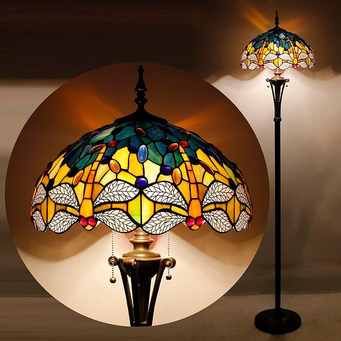 Tiffany Floor Lamp Blue Yellow Stained Glass Dragonfly Standing Reading Light 16X16X70 Inches Antique Pole Corner Lamp Decor Bedroom Office Living Room
