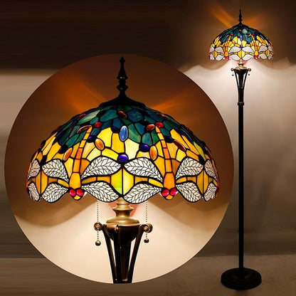 Tiffany Floor Lamp Blue Yellow Stained Glass Dragonfly Standing Reading Light 16X16X70 Inches Antique Pole Corner Lamp Decor Bedroom Office Living Room