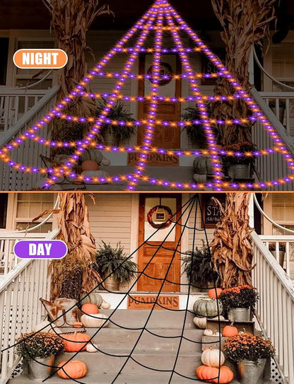 Spider Webs Halloween Decorations Lights - 550 LEDs Outdoor Giant Halloween Decor Lights with16.4ft,4ft Spider,8 Modes,Waterproof&Timer for Yard Porch Garden,Outside Party (Without Big Spider)