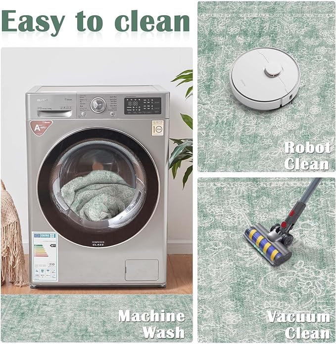 jinchan 2x3 Washable Rug for Entryway - Kitchen Mats Vintage Floral Ultra-Thin Low Pile Soft Throw Small Non-Slip Distressed Doormat Accent Rug for Entrance Bathroom Bedroom (2'x3',Green)