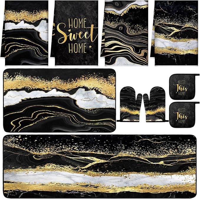 10 Pcs Christmas Marble Farmhouse Kitchen Decor Accessories Set Marble Kitchen Dish Towels Rugs Oven Mitts and Pot Holders Sets for Cooking Baking Daughter Mom Gift(Black)