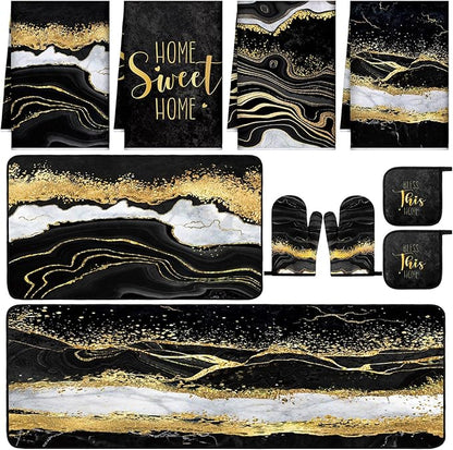 10 Pcs Christmas Marble Farmhouse Kitchen Decor Accessories Set Marble Kitchen Dish Towels Rugs Oven Mitts and Pot Holders Sets for Cooking Baking Daughter Mom Gift(Black)
