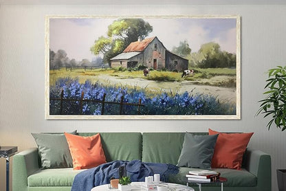 Ardemy Farmhouse Canvas Wall Art Large Framed Vintage Farm Cow Pictures Wall Decor Living Room Village Nature Painting Artwork Wall Art Bedroom Dining Room Home Office, 58"x29"