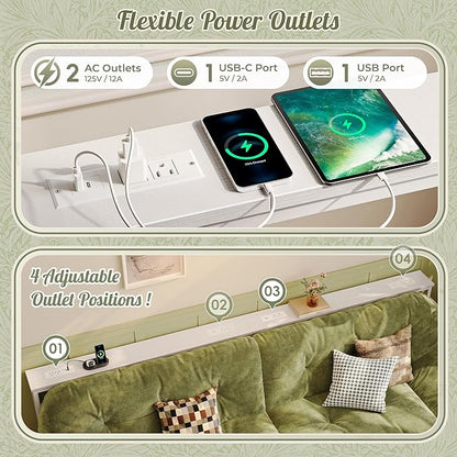 Huuger 110.2 Inch Sofa Table with Power Outlets, 23.9’’-34.4’’ Height Adjustable Range, Behind Couch Table with USB-C Ports, Sofa Tables Narrow Long, Skinny Console Table, for Small Spaces, White