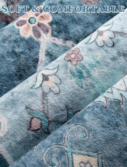 SERISSA Boho Washable Runner Rug, 2x5 Rug Non-Slip Vintage Blue Hallway Kitchen Runner Rug Ultra Soft Print Distressed Floor Carpet for Bedroom Bathroom Laundry Living Room