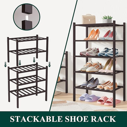 Smiry Bamboo Shoe Rack for Closet, 3 Tier Small Wooden Stackable Shoe Organizer, Free Standing Shoes Storage Shelf for Entryway, Front Door Entrance, Brown