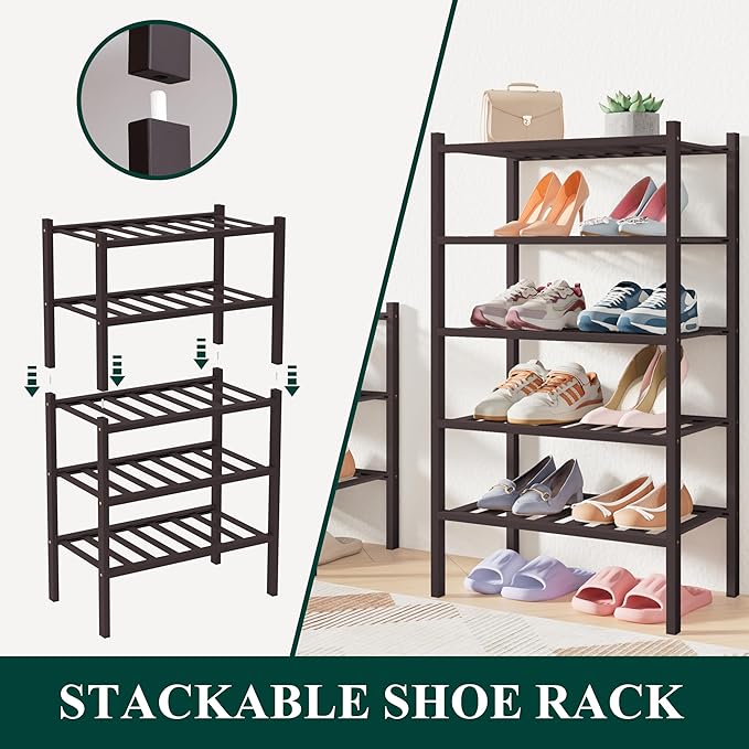 Smiry Bamboo Shoe Rack for Closet, 4 Tier Small Wooden Stackable Shoe Organizer, Free Standing Shoes Storage Shelf for Entryway, Front Door Entrance, Black